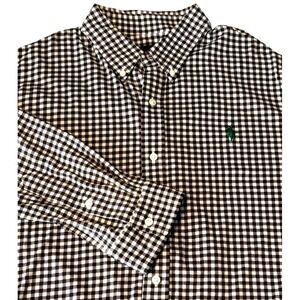 Ralph Lauren Knit Dress Shirt XL Gingham Check Brown Long Sleeve Button Down